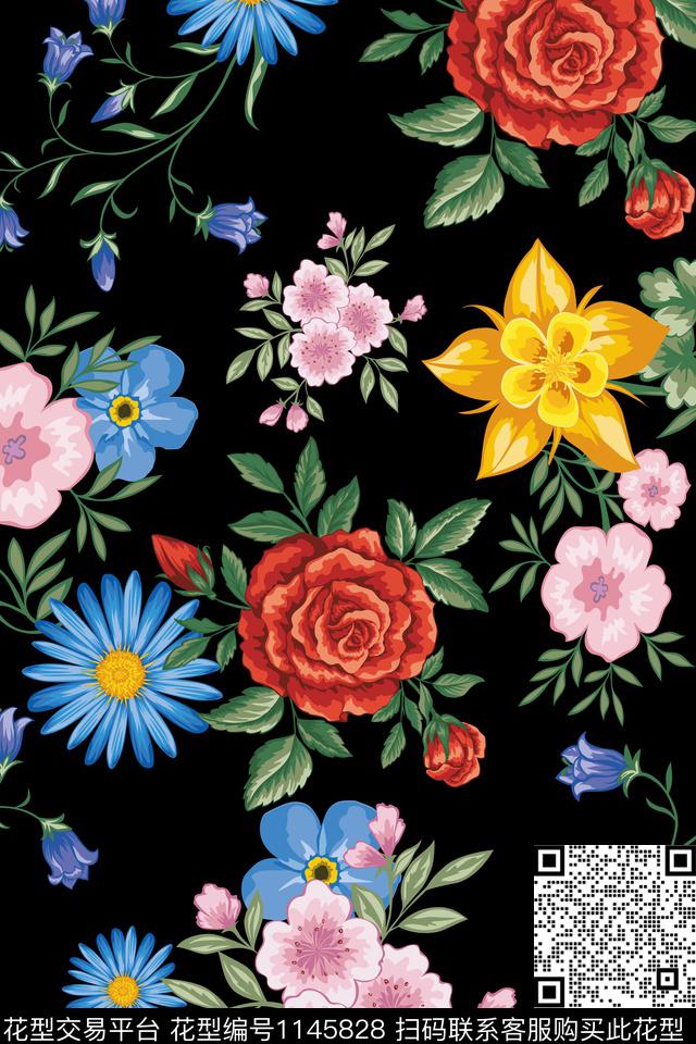 风格化花卉黑底花卉数码华亿平台数码印花华亿平台下载（图片编号: 1145828） - 瓦栏（Walan）