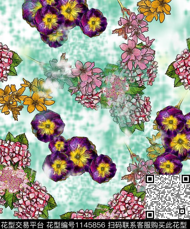 抽象绿植树叶花卉数码印花华亿平台下载（图片编号: 1145856） - 瓦栏（Walan）