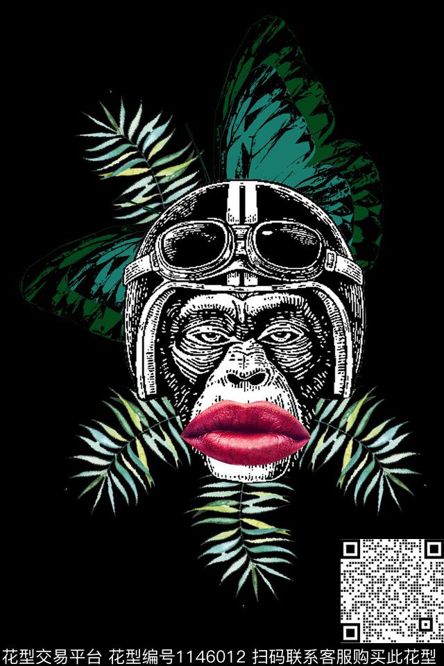 蝴蝶猴子绿植树叶数码印花华亿平台下载（图片编号: 1146012） - 瓦栏（Walan）