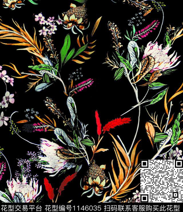 抽象风格化花卉大牌风数码印花华亿平台下载（图片编号: 1146035） - 瓦栏（Walan）