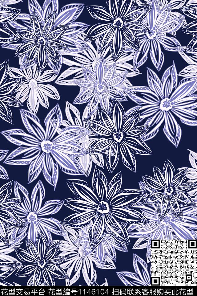 线条抽象花卉女装传统印花华亿平台下载（图片编号: 1146104） - 瓦栏（Walan）