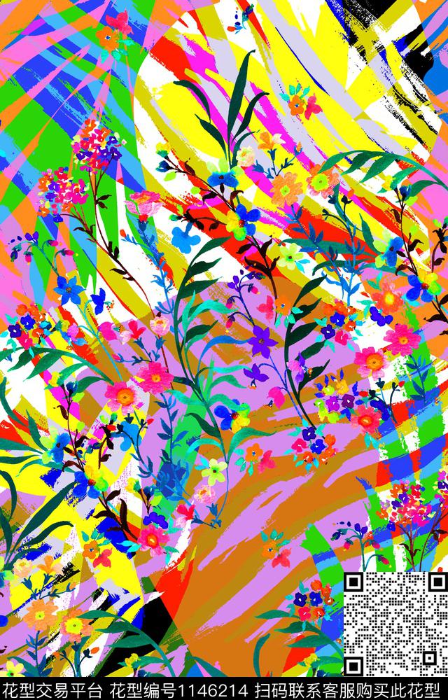 植物几何花卉女装数码印花华亿平台下载（图片编号: 1146214） - 瓦栏（Walan）