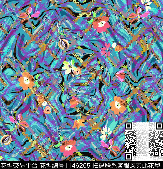 抽象几何花卉女装数码印花华亿平台下载（图片编号: 1146265） - 瓦栏（Walan）