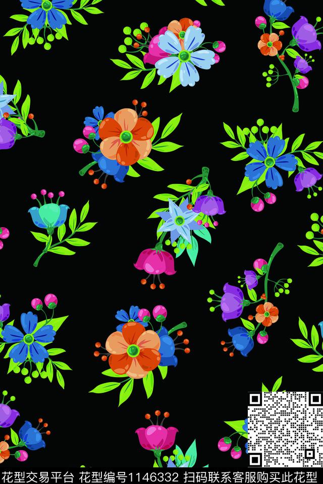 黑底花卉小碎花波点数码印花华亿平台下载（图片编号: 1146332） - 瓦栏（Walan）