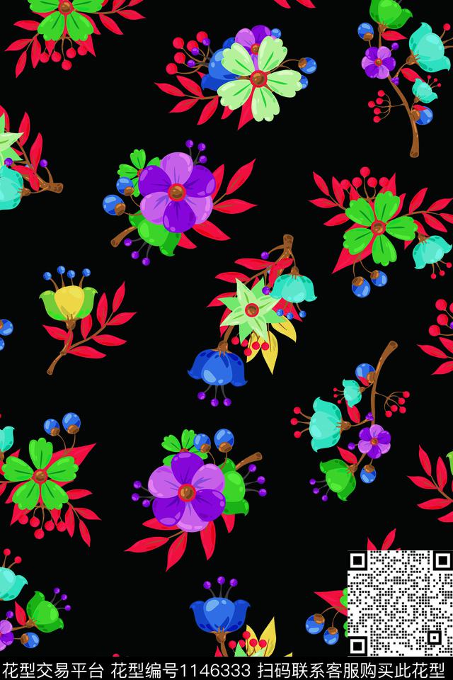 黑底花卉小碎花波点数码印花华亿平台下载（图片编号: 1146333） - 瓦栏（Walan）