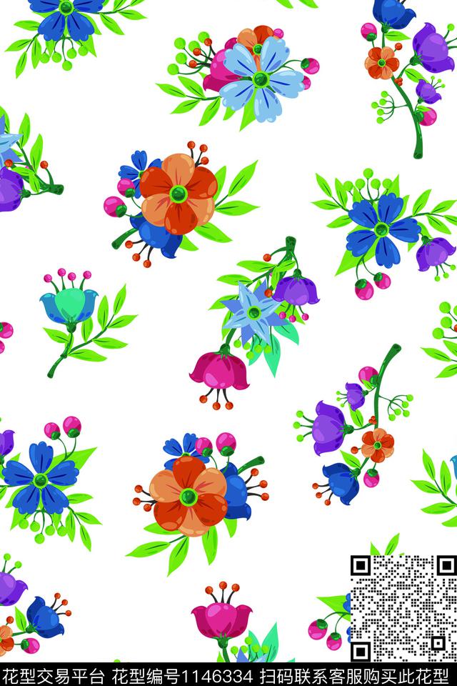 黑底花卉小碎花波点数码印花华亿平台下载（图片编号: 1146334） - 瓦栏（Walan）