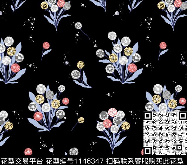 蒲公英几何花卉小碎花传统印花华亿平台下载（图片编号: 1146347） - 瓦栏（Walan）