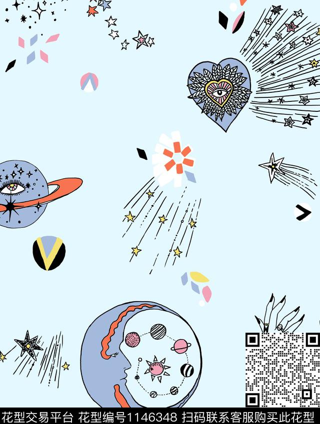 月亮几何星空传统印花华亿平台下载（图片编号: 1146348） - 瓦栏（Walan）