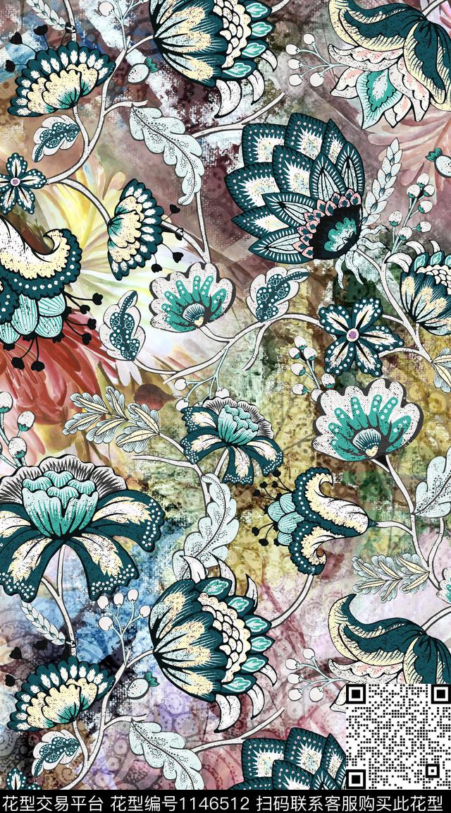 大牌风抽象定位花数码印花华亿平台下载（图片编号: 1146512） - 瓦栏（Walan）