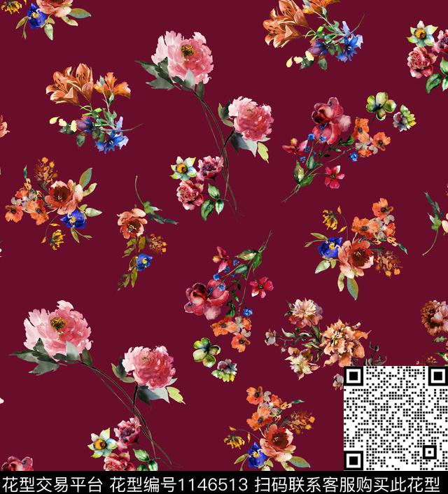 水彩花卉手绘花卉复古传统印花华亿平台下载（图片编号: 1146513） - 瓦栏（Walan）