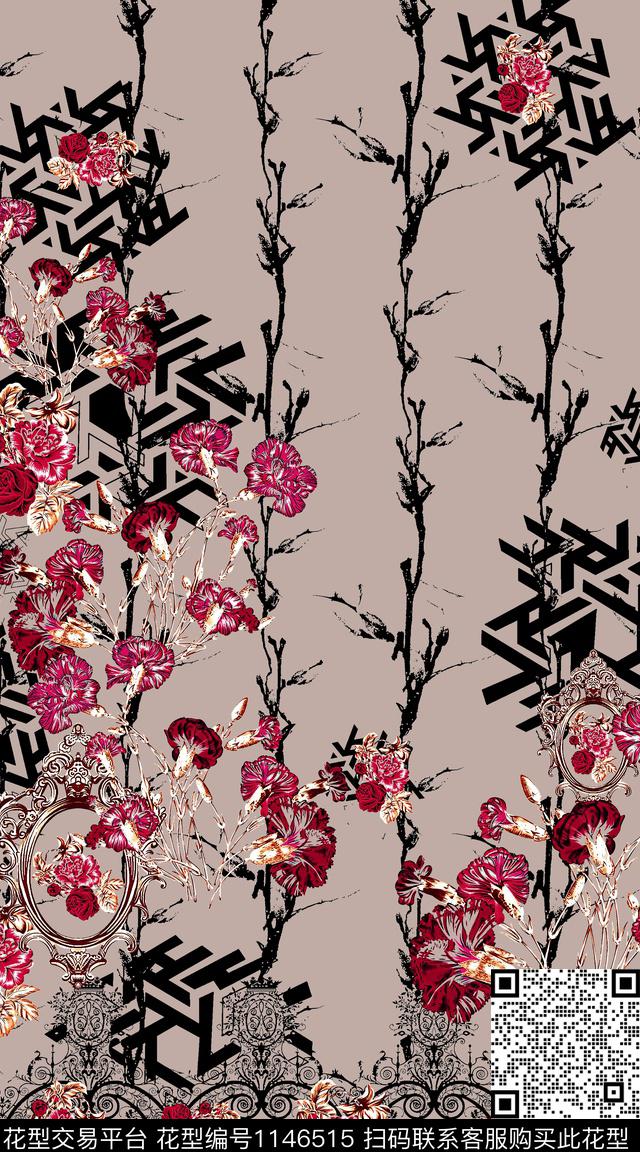 大牌风抽象定位花数码印花华亿平台下载（图片编号: 1146515） - 瓦栏（Walan）