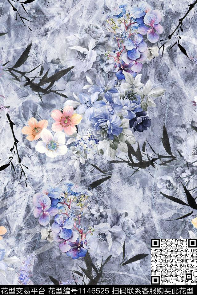 素雅复古花卉数码印花华亿平台下载（图片编号: 1146525） - 瓦栏（Walan）