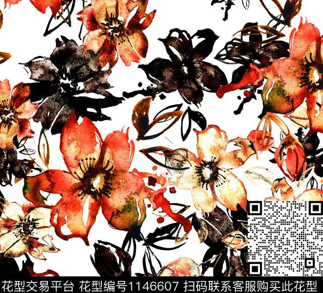 水彩花卉大花休闲数码印花华亿平台下载（图片编号: 1146607） - 瓦栏（Walan）