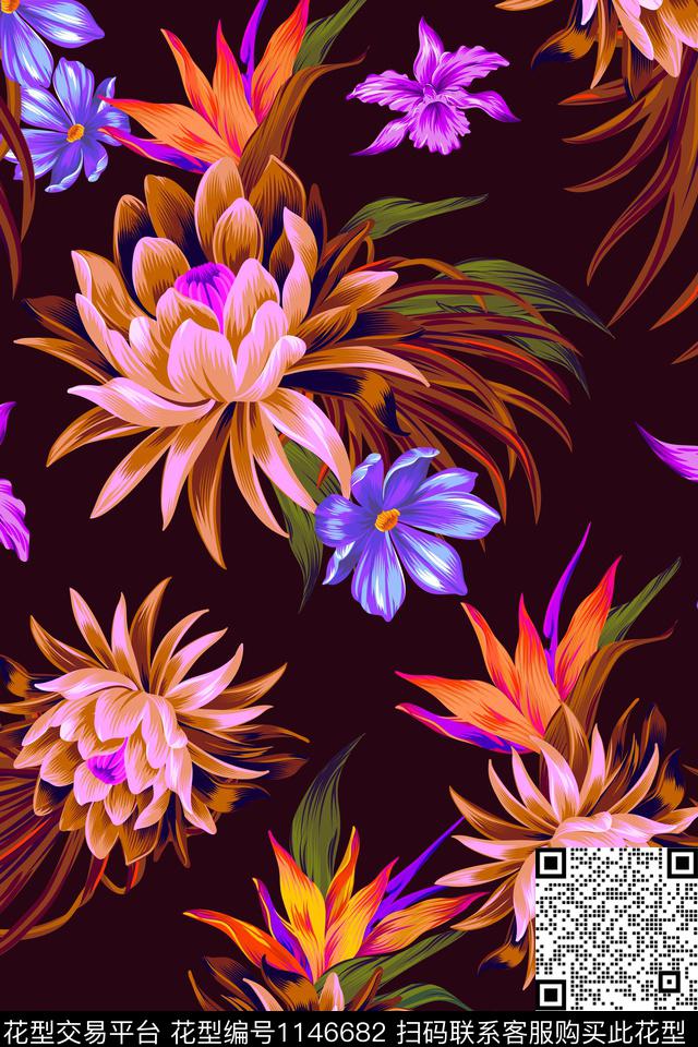 天堂鸟热带华亿平台棕榈树数码印花华亿平台下载（图片编号: 1146682） - 瓦栏（Walan）