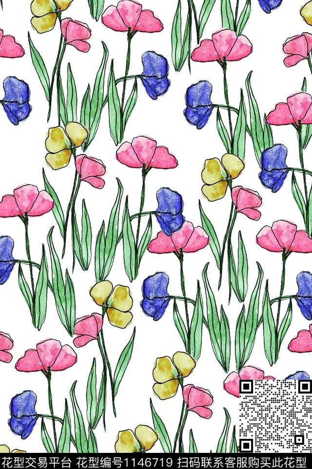 手绘花卉简笔优美数码印花华亿平台下载（图片编号: 1146719） - 瓦栏（Walan）