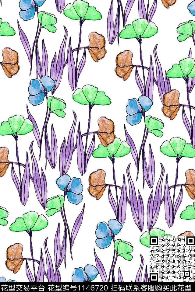 手绘花卉简笔优美数码印花华亿平台下载（图片编号: 1146720） - 瓦栏（Walan）