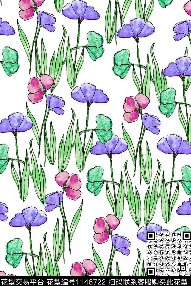 手绘花卉简笔优美数码印花华亿平台下载（图片编号: 1146722） - 瓦栏（Walan）