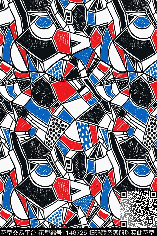 手绘复古几何数码印花华亿平台下载（图片编号: 1146725） - 瓦栏（Walan）
