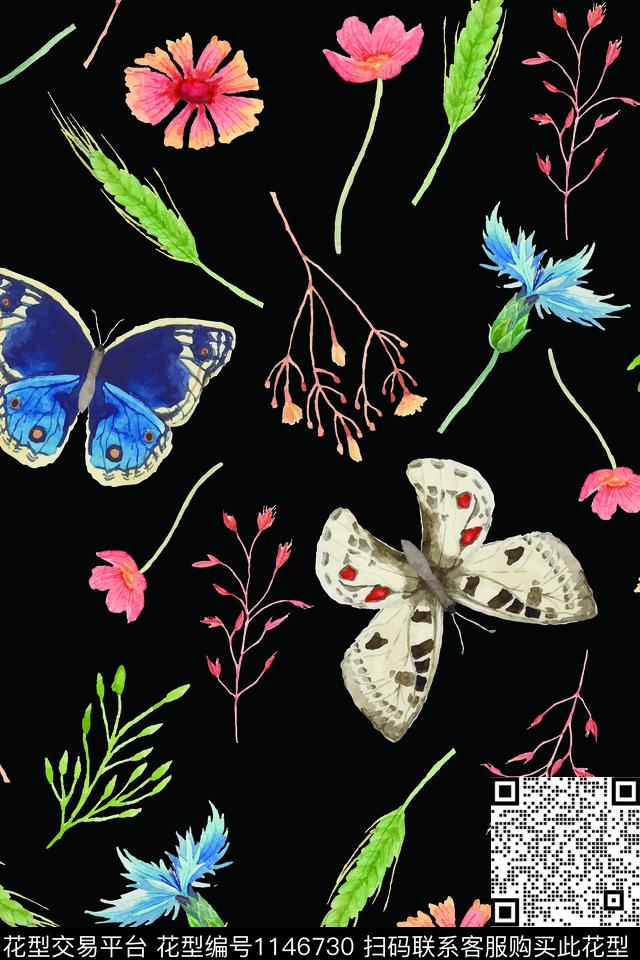 手绘花卉蝴蝶小清新数码印花华亿平台下载（图片编号: 1146730） - 瓦栏（Walan）