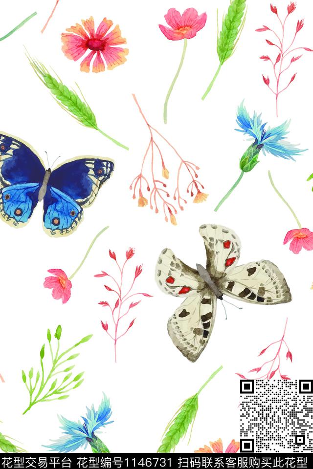 手绘花卉蝴蝶小清新数码印花华亿平台下载（图片编号: 1146731） - 瓦栏（Walan）