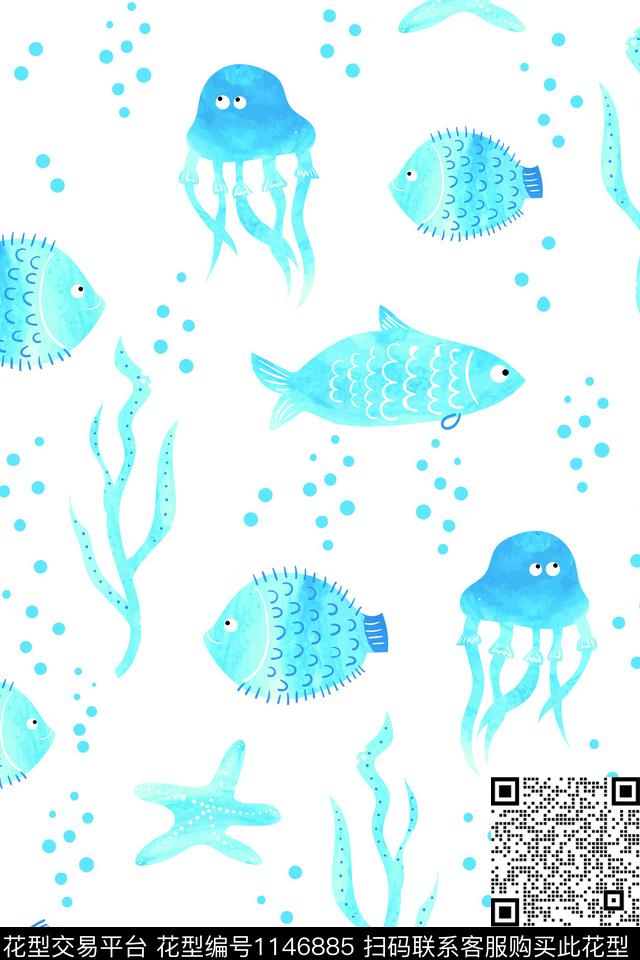 可爱海洋手绘动物数码印花华亿平台下载（图片编号: 1146885） - 瓦栏（Walan）