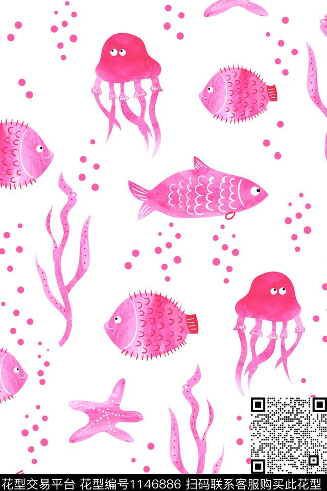 可爱海洋手绘动物数码印花华亿平台下载（图片编号: 1146886） - 瓦栏（Walan）