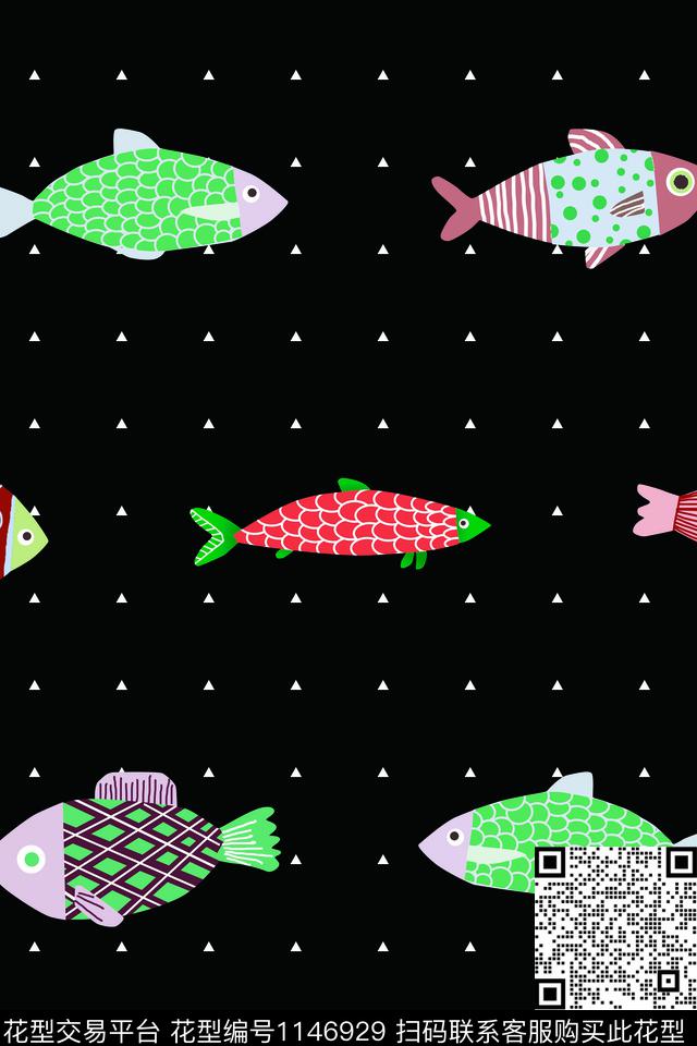 可爱手绘鱼波点数码印花华亿平台下载（图片编号: 1146929） - 瓦栏（Walan）