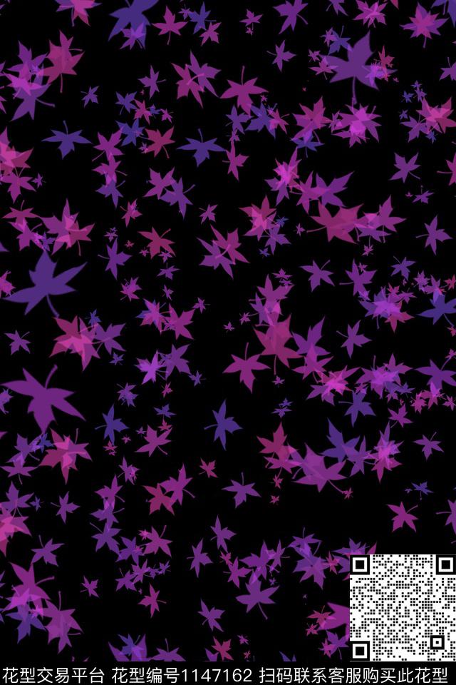 黑底花卉枫叶女装数码印花华亿平台下载（图片编号: 1147162） - 瓦栏（Walan）