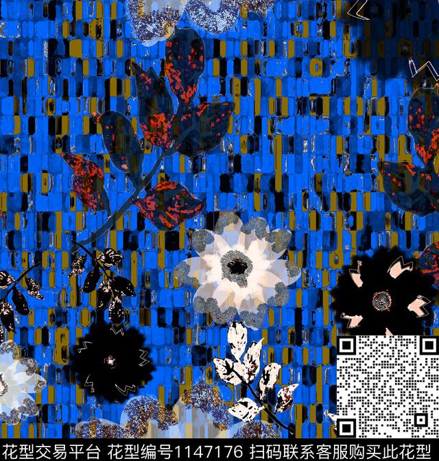抽象格子花卉数码印花华亿平台下载（图片编号: 1147176） - 瓦栏（Walan）