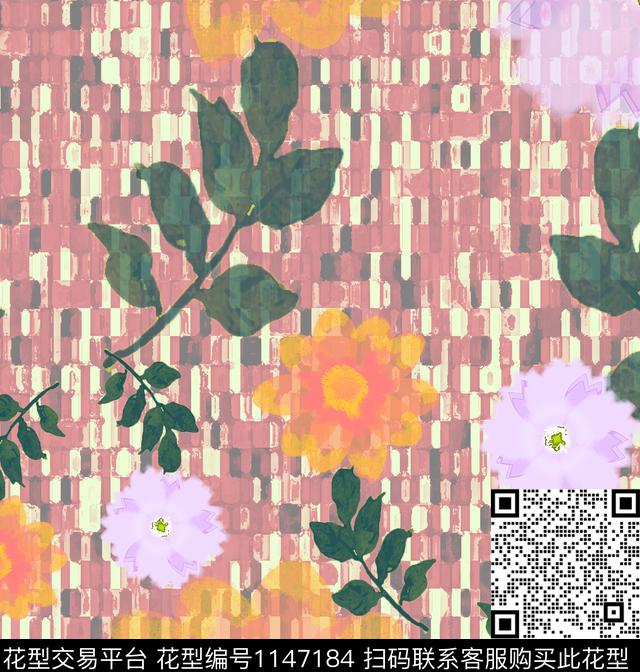 抽象格子花卉数码印花华亿平台下载（图片编号: 1147184） - 瓦栏（Walan）