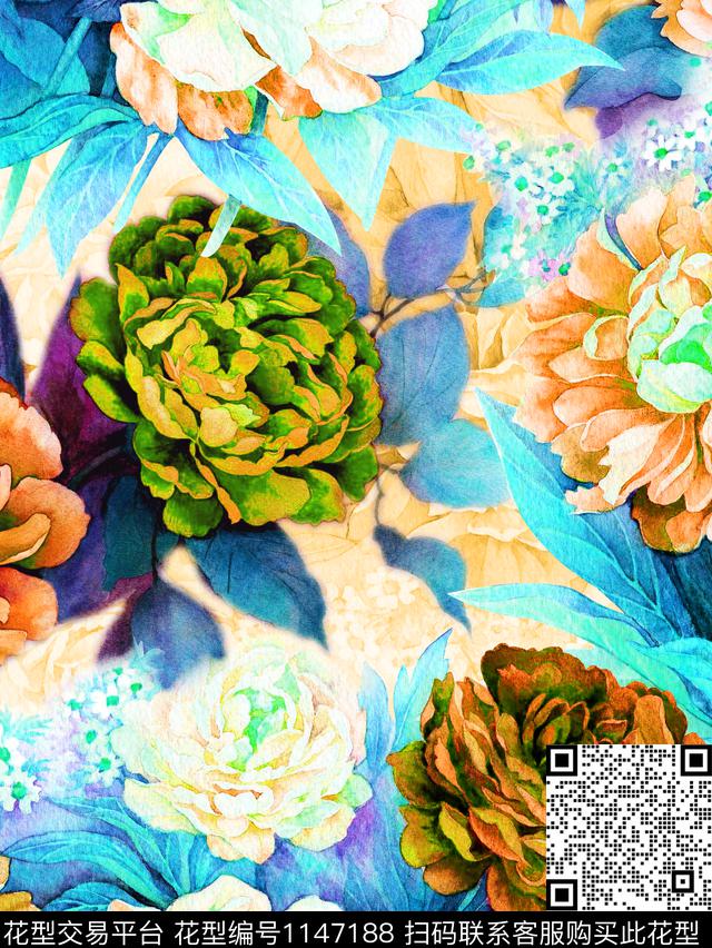 春夏华亿平台水彩花卉清爽底花卉数码印花华亿平台下载（图片编号: 1147188） - 瓦栏（Walan）