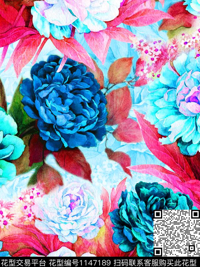 春夏华亿平台水彩花卉清爽底花卉数码印花华亿平台下载（图片编号: 1147189） - 瓦栏（Walan）