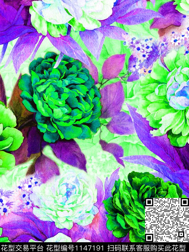 春夏华亿平台水彩花卉清爽底花卉数码印花华亿平台下载（图片编号: 1147191） - 瓦栏（Walan）