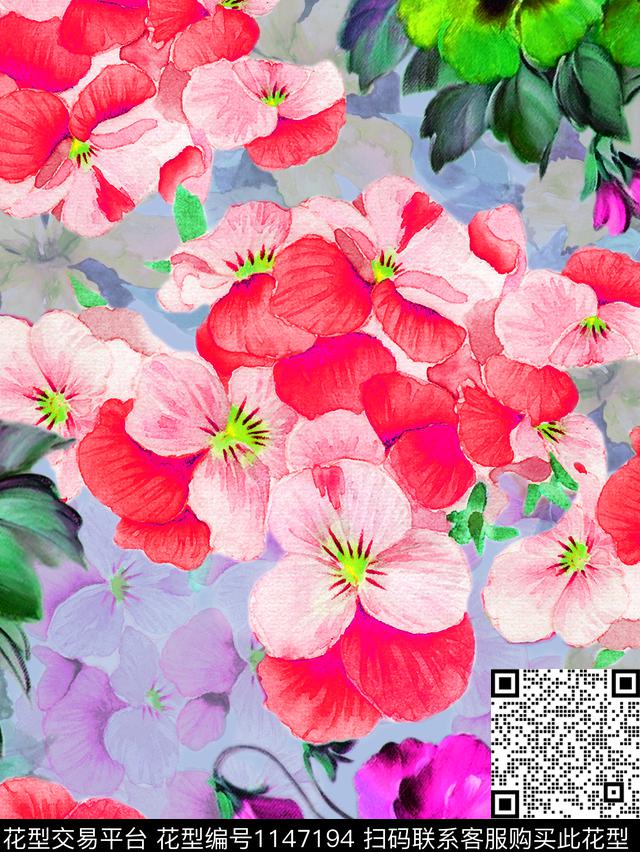 春夏华亿平台水彩花卉四叶花数码印花华亿平台下载（图片编号: 1147194） - 瓦栏（Walan）