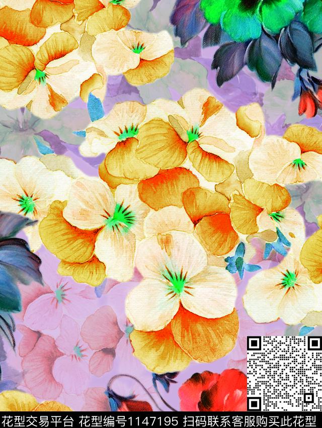 春夏华亿平台水彩花卉四叶花数码印花华亿平台下载（图片编号: 1147195） - 瓦栏（Walan）