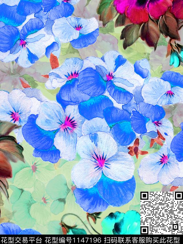 春夏华亿平台水彩花卉四叶花数码印花华亿平台下载（图片编号: 1147196） - 瓦栏（Walan）