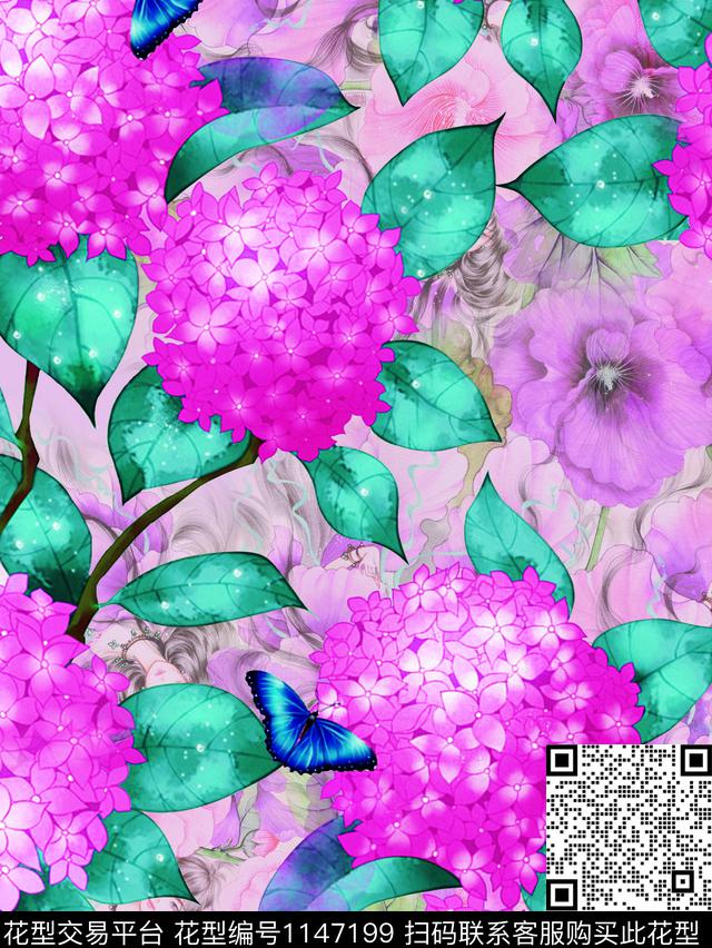 春夏华亿平台水彩花卉花卉蝴蝶数码印花华亿平台下载（图片编号: 1147199） - 瓦栏（Walan）