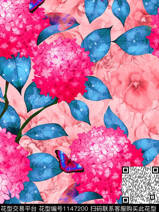 春夏华亿平台水彩花卉花卉蝴蝶数码印花华亿平台下载（图片编号: 1147200） - 瓦栏（Walan）