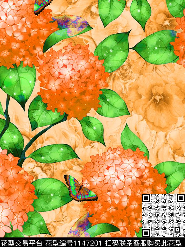 春夏华亿平台水彩花卉花卉蝴蝶数码印花华亿平台下载（图片编号: 1147201） - 瓦栏（Walan）