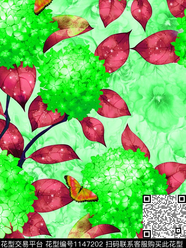 春夏华亿平台水彩花卉花卉蝴蝶数码印花华亿平台下载（图片编号: 1147202） - 瓦栏（Walan）