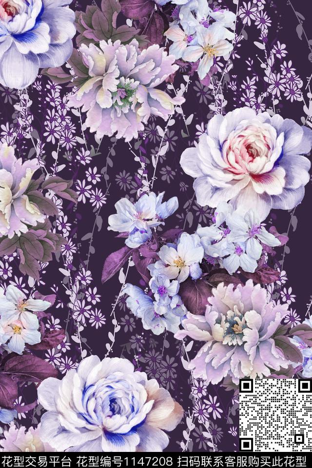 满版散花水彩花卉复古数码印花华亿平台下载（图片编号: 1147208） - 瓦栏（Walan）