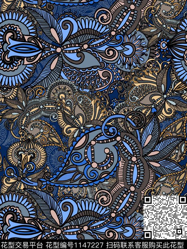 手绘大牌风民族风数码印花华亿平台下载（图片编号: 1147227） - 瓦栏（Walan）