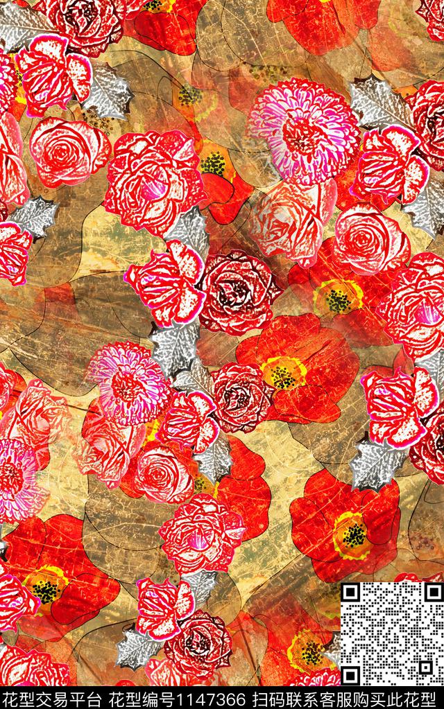 笔触肌理花卉数码印花华亿平台下载（图片编号: 1147366） - 瓦栏（Walan）