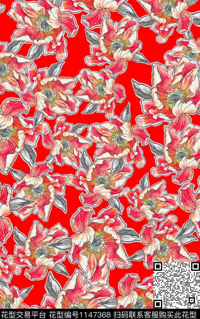 笔触肌理花卉数码印花华亿平台下载（图片编号: 1147368） - 瓦栏（Walan）