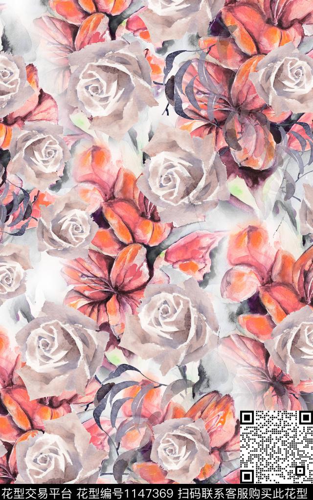 笔触肌理花卉数码印花华亿平台下载（图片编号: 1147369） - 瓦栏（Walan）
