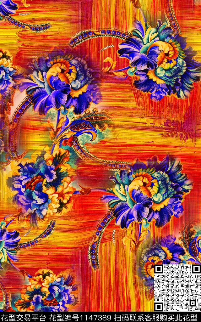 笔触肌理花卉数码印花华亿平台下载（图片编号: 1147389） - 瓦栏（Walan）