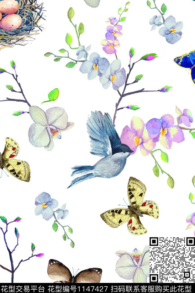 手绘花卉手绘动物优美数码印花华亿平台下载（图片编号: 1147427） - 瓦栏（Walan）