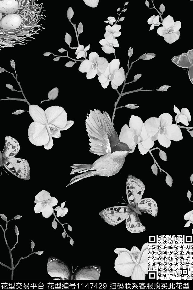 手绘花卉手绘动物优美数码印花华亿平台下载（图片编号: 1147429） - 瓦栏（Walan）