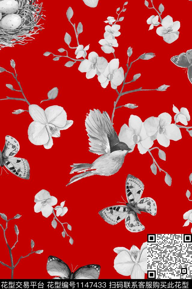 手绘花卉手绘动物优美数码印花华亿平台下载（图片编号: 1147433） - 瓦栏（Walan）