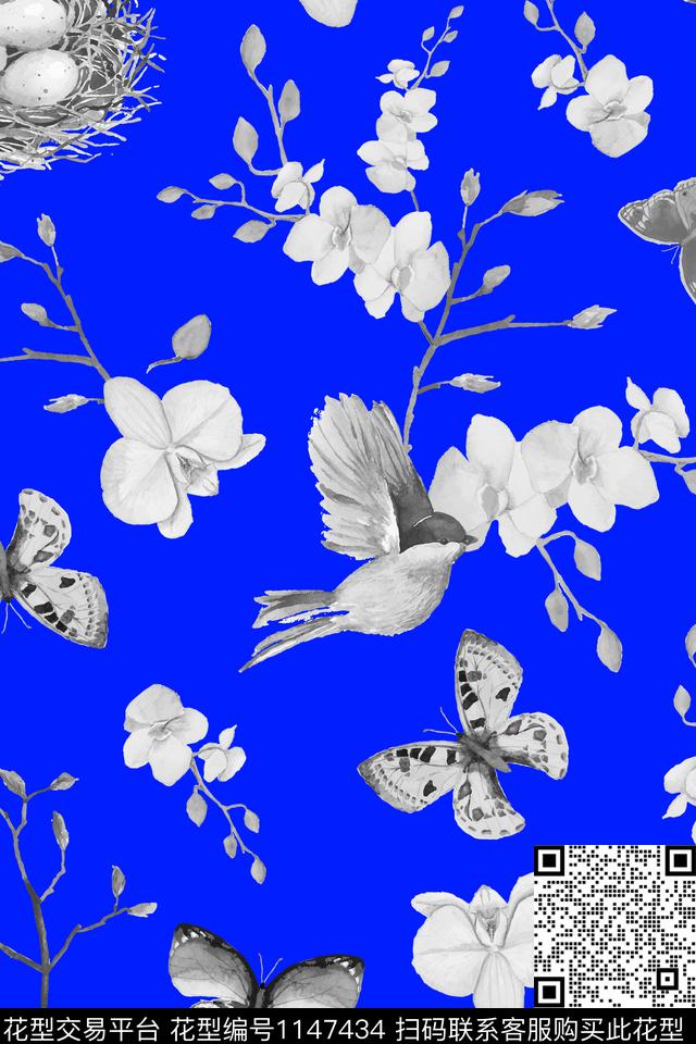 手绘花卉手绘动物优美数码印花华亿平台下载（图片编号: 1147434） - 瓦栏（Walan）